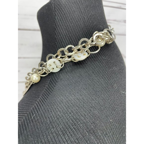Beautiful Multi Layered Silver Metal Chain Round Pearl Button Necklace - Picture 6 of 8
